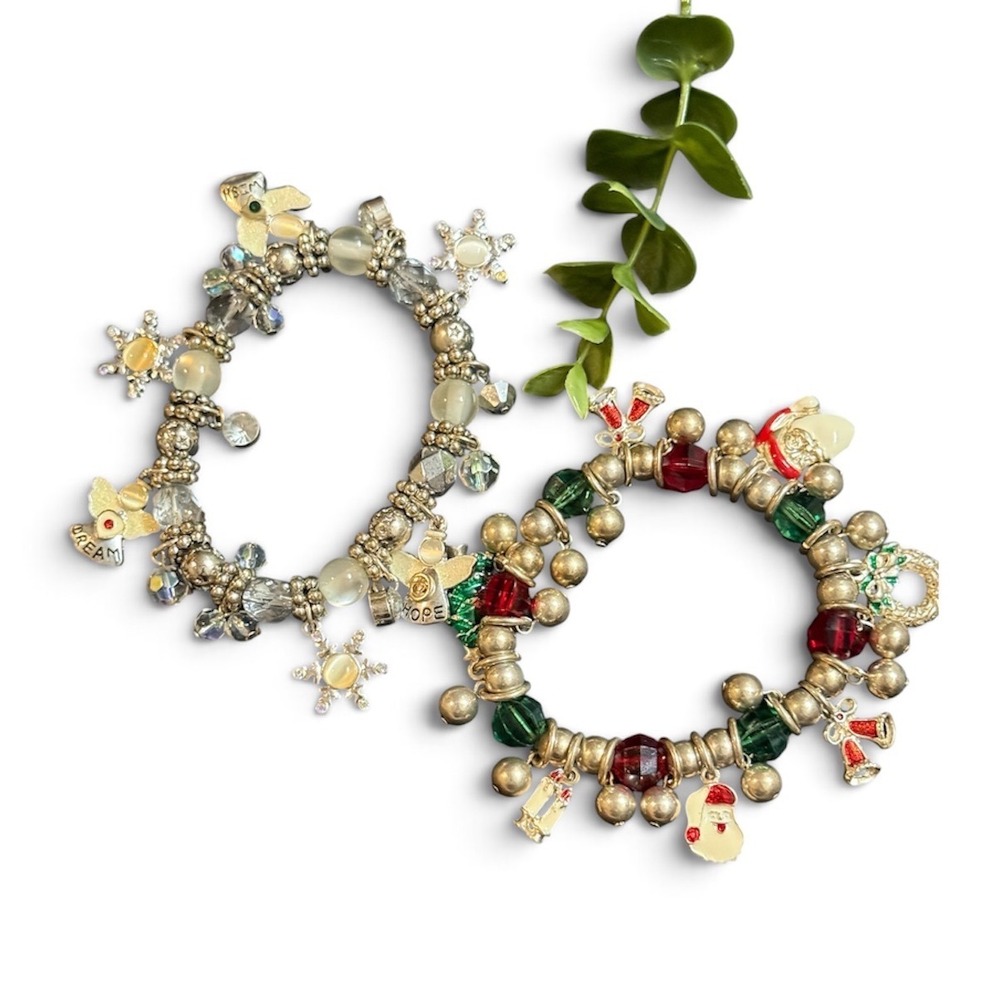 Set of 2 Holiday Stretch Charm Bracelets Winter Snowflakes Christmas Santa Angel